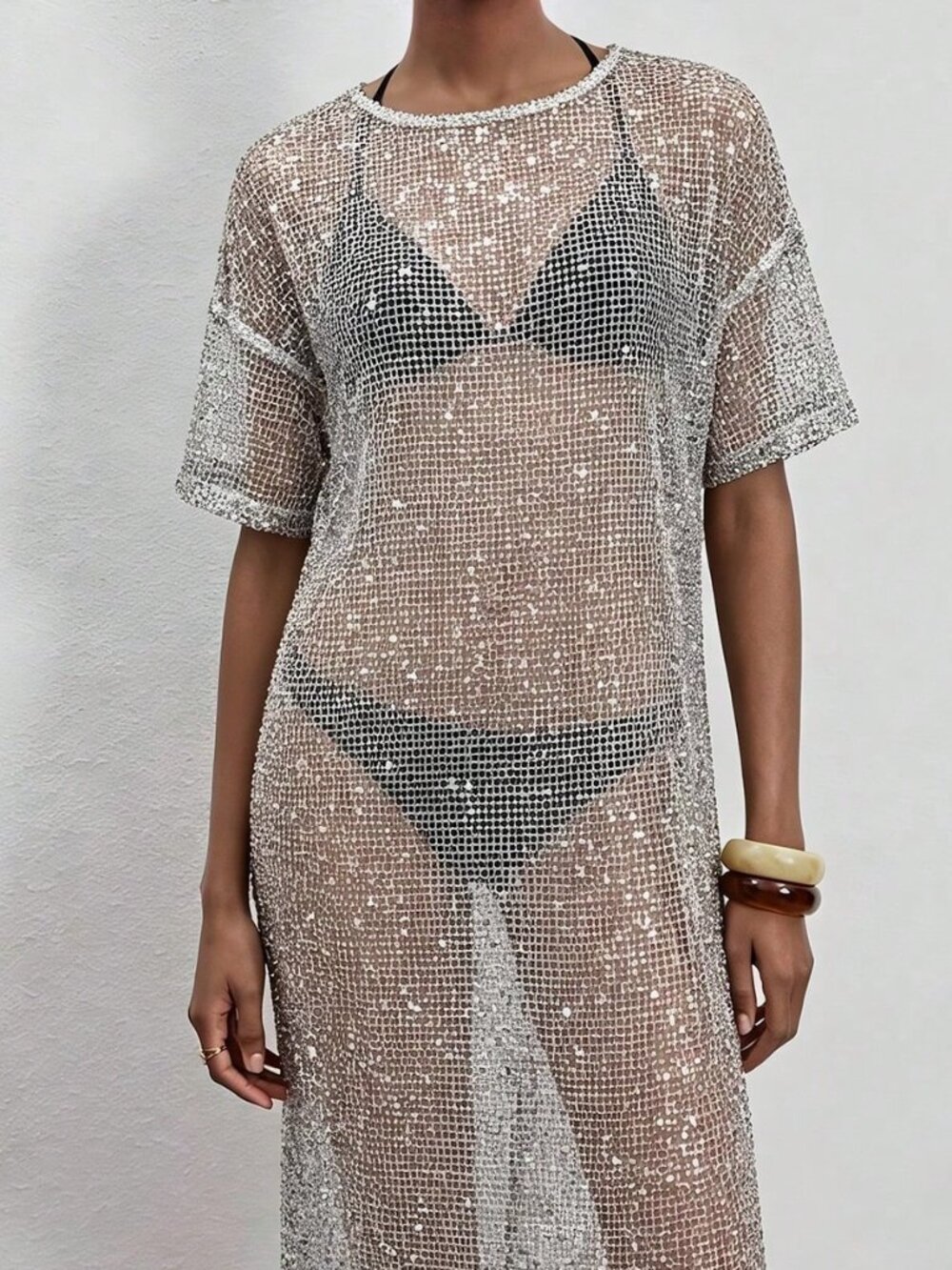 White Sheer Sequin Women's Maxi Dress Split Hem, Mid‑Sleeve & Button Detail - Picture 4 of 5